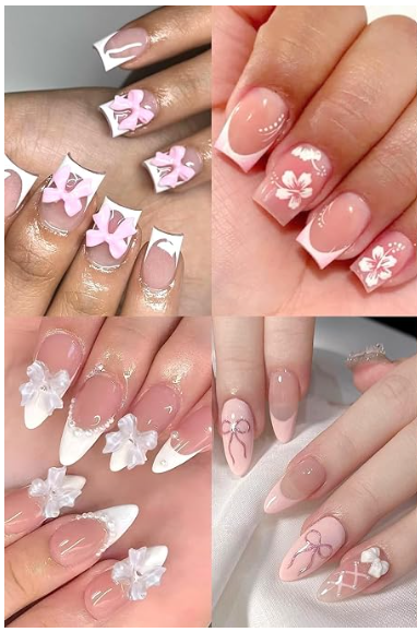 6-pack press-on nails set with floral and bow designs in pink and nude