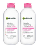 Two Garnier Micellar Cleansing Water All-in-1 400 mL bottles with pink caps