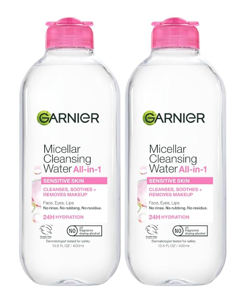 Two Garnier Micellar Cleansing Water All-in-1 400 mL bottles with pink caps
