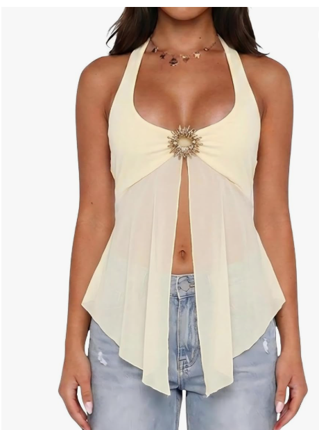 Cream halter top with gold jewel ring detail and mesh overlay