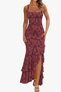 Burgundy floral jacquard ruffle high-low maxi dress