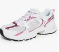 White and pink chunky retro sneakers with metallic pink accents